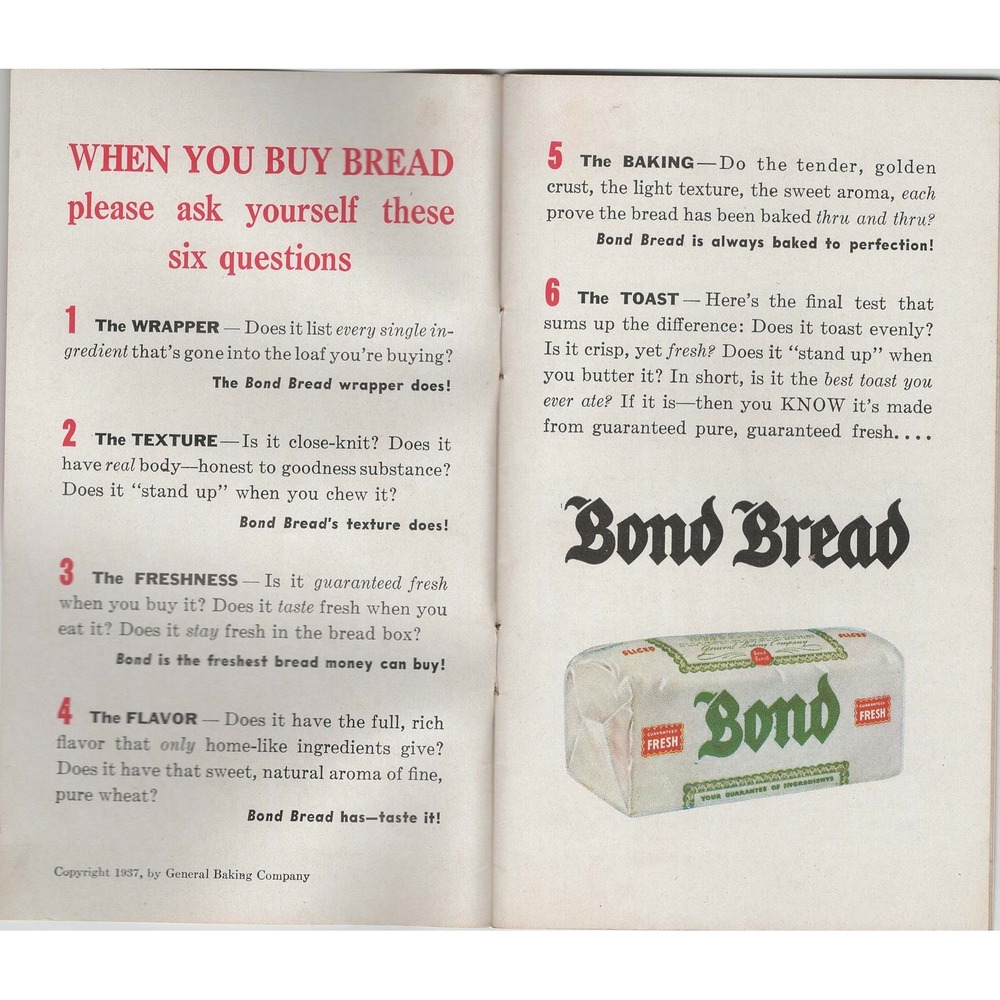 Vintage 1937 Bond Bakers Family Advertising Booklet Bread Cakes Sweet Bakes - Picture 3 of 3